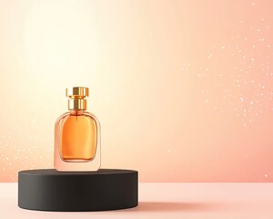 Elegant perfume bottle on display with sparkle. product podium , pastel minimal product display
