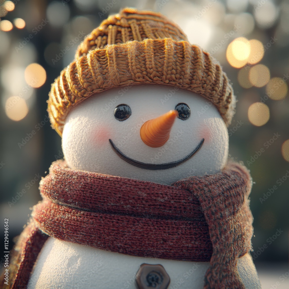 Poster 3d snowman in a hat and scarf. smiling snowman character for advertising concepts of new year holida