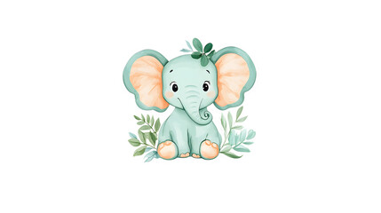 Naklejka premium Cute baby elephant with big ears and joyful expression surrounded by leaves