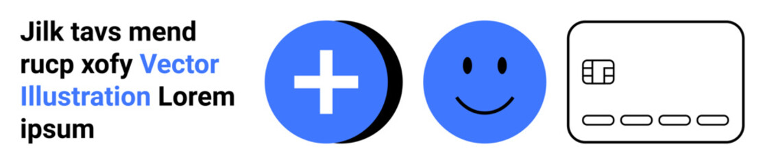 Two blue circle icons, one with a white cross and one with a smiling face, next to a simplistic credit card outline in black. Ideal for finance, healthcare, user experience, web design, e-commerce
