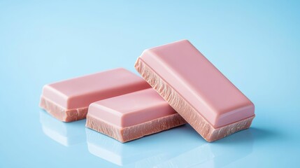 valentine 3D chocolates pink concept, Three pink chocolate bars are arranged on a light blue surface, showcasing a smooth texture and appealing color.