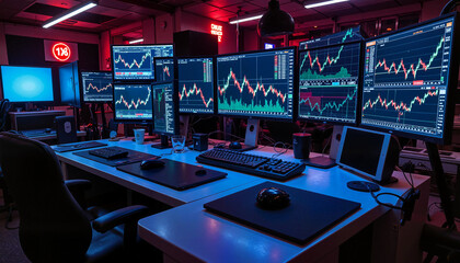 Stock trading setup with multiple monitors displaying financial charts in modern office
