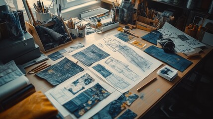 Obraz premium Fashion designer's workspace with sketches, fabric swatches, and tools.