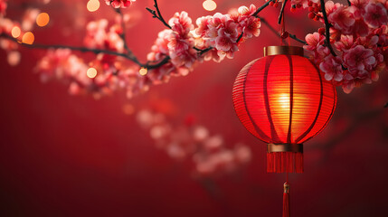 Traditional red lanterns with flowers for Chinese New Year celebration on a festive background