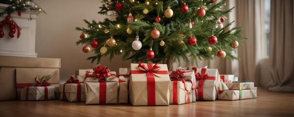 Presents under the christmas tree wrapped in paper and bows, christmas tree, gifts