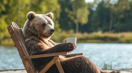 Funny brown bear animal resting and relaxing, drinking coffee from the white cup or mug on the wooden deck, he is sitting on a wooden chair near the lake water, outdoors enjoyment for animal, sunny.