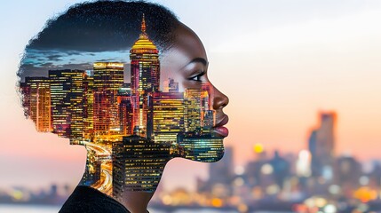exposure of a woman’s face overlaid with a vibrant cityscape, symbolizing empowerment through independence and achievement in urban life. [Women]:[empowerment] 