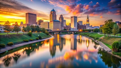 Obraz premium Scenic Bokeh Effect of the Scioto River with Columbus Ohio Skyline at John W. Galbreath Bicentennial Park During Sunset, Capturing Nature and Urban Beauty
