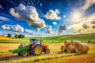 Obraz premium Scenic Farm Landscape with Tractor and Hay Bales Under Blue Sky, Perfect for Agricultural Themes and Rural Life Representation