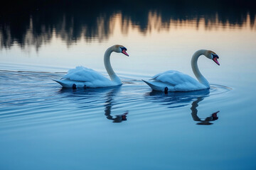 Fototapeta premium Swans glide gracefully across a serene lake at dawn, creating tranquil reflections