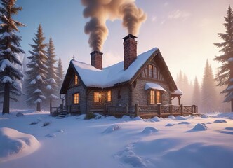 Snow-covered cottage with a chimney puffing smoke, fireplace, snowy cottage, frost
