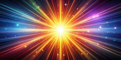 Fototapeta premium A radiant burst of golden light radiates outwards, illuminating the dark background with streaks of vibrant color and sparkling particles.