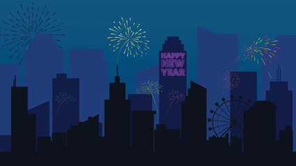 A breathtaking cityscape silhouette shines bright with colorful fireworks lighting up the sky, celebrating the joyful arrival of the New Year with cheers.