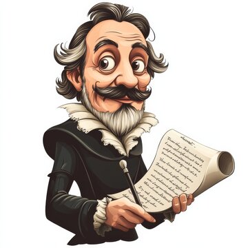 A Shakespeare poet writer emoticon cartoon face icon holding a paper scroll and a quill feather pen