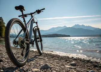 Fototapeta premium Scenic Product Photography of a Bike Parked on a Pebble Beach by Lake Starnberg in Bavaria, Germany with Majestic Mountains in the Background for Outdoor Enthusiasts