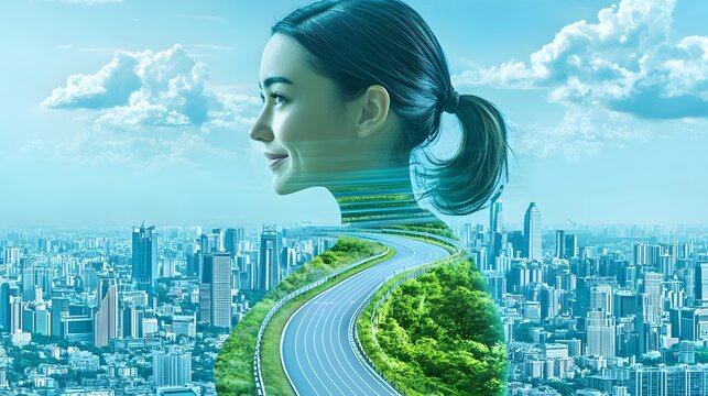 woman in athletic attire, her body filled with the image of a marathon track, representing empowerment through physical strength and endurance. [Women]:[empowerment] 