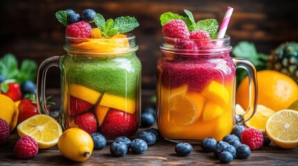 Two layered fruit smoothies in mason jars with fresh berries and fruit.