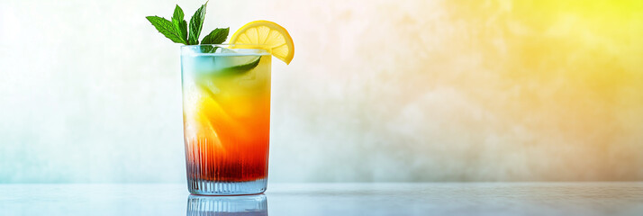 Refreshing rainbow cocktail with citrus and mint in a glass on a sunlit table