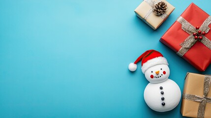 christmas tradition Santa Colorful Christmas gifts with a snowman on a blue background.