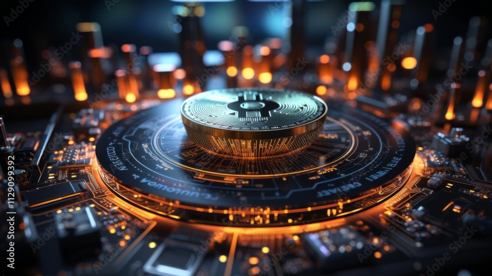 Canvas Prints a gold coin sits on a circuit board with a city in the background