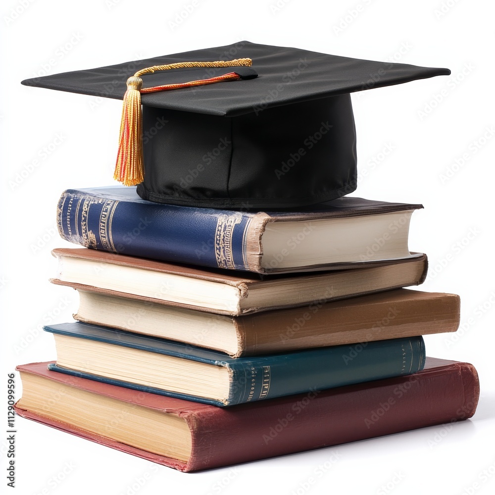 Poster graduation mortarboard on top of stack of books on white background with illustration