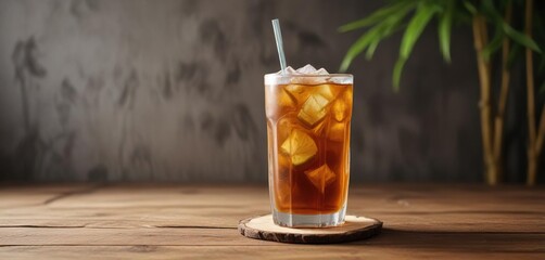 Tall glass of iced tea, on rustic bamboo surface,  calm,  summer