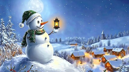 Fototapeta premium Cheerful snowman holding a lantern overlooking a snowy village under a full moon at night.