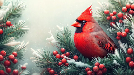 A cute cardinal ornament adorns a snow-covered Christmas tree