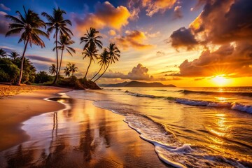 Fototapeta premium Serene Beachscape: High-Resolution Silhouette Photography of a Tranquil Shoreline at Sunset, Capturing the Beauty of Nature's Peaceful Moments by the Sea