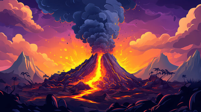 Crosssection of a volcano showing magma chamber, vent, and lava flow, volcano and lava, educational diagram. Magma. Illustration