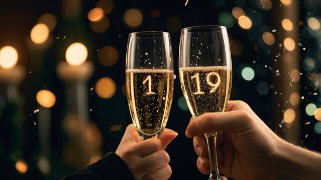 Cheers to New Beginnings: Two hands clink champagne flutes etched with the numbers "1" and "19," symbolizing a toast to the start of a new year.