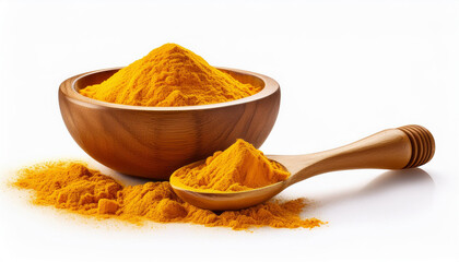 Turmeric powder in wooden bowl and turmeric root isolated on white background