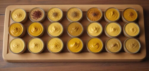 Different types of mustards on a wooden plate, arranged in rows, rustic, glass, condiments