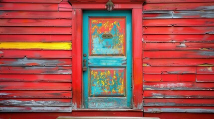 Vibrant Weathered Wooden Barn Door with Rustic Charm