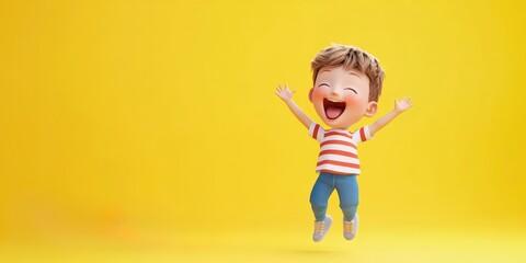 people 3D expressions realistic concept. Cheerful child jumping with joy against a bright yellow background