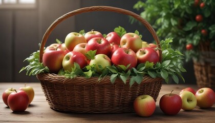 A basket of apples filled with fresh greenery from the orchard, orchard, apples, garden