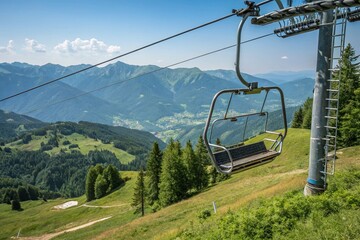 Serene Empty Chairlift Ascending Through the Austrian Alps in Carinthia on a Clear Summer Day with Majestic Mountains in the Background and Ample Copy Space