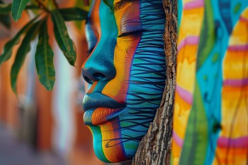 Fototapeta premium Vibrant abstract portrait of a human face on textured wood bark with bold brush strokes