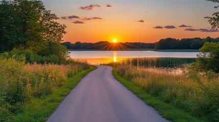 The empty road leading to the lake by sunset