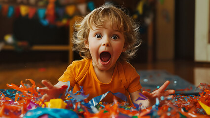 Excited child playing with colorful confetti during party