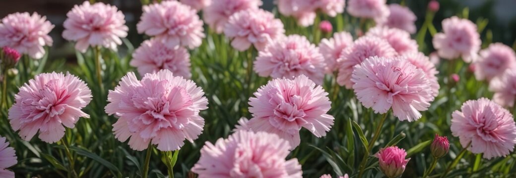Abundant light pink Dianthus plumarius blossoms in June sunlight ,  outdoor,  close-up,  summer