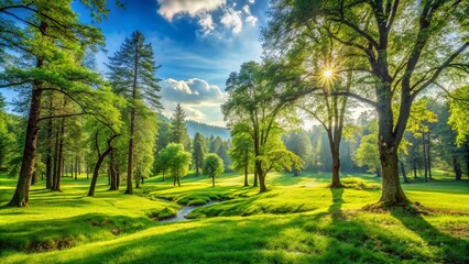 Obraz premium Serene Forest Landscape Featuring Lush Green Grass and Nature-Inspired Elements for Eco-Friendly Living and Outdoor Exploration