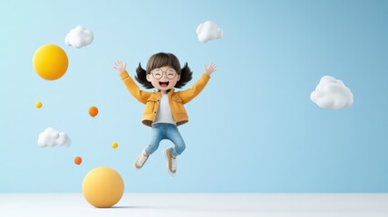 Fototapeta premium people 3D expressions realistic concept. Happy child jumping amidst colorful clouds and balls in a bright setting.