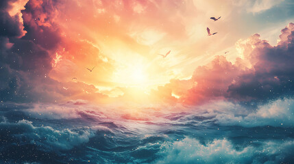 Naklejka premium Majestic Sunset Over Turbulent Ocean Waves With Birds In Flight