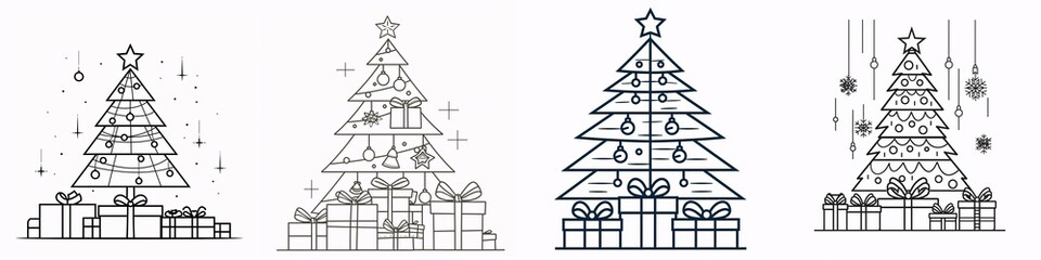 Four Stylish Christmas Trees with Gifts and Decorations in Line Art Style