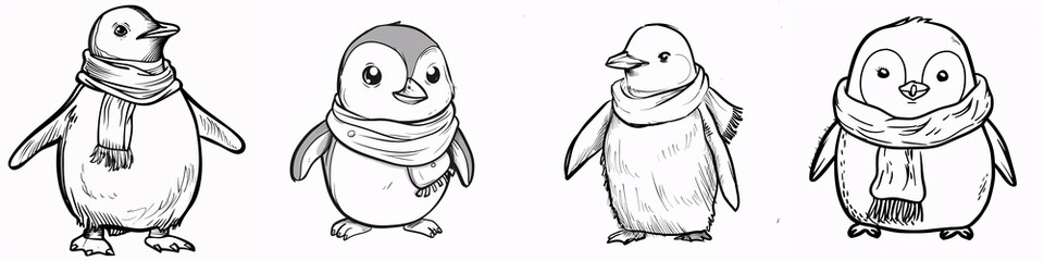 Charming Hand-Drawn Cartoon Penguins Wearing Scarves in Black and White Style