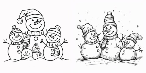 Cheerful Snowmen Group with Hats and Scarves in Winter Wonderland Scene