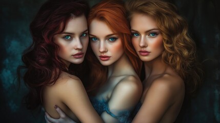 Obraz premium Three women with distinct hair colors and mesmerizing blue eyes embrace in a moment of shared connection, creating an enchanting atmosphere