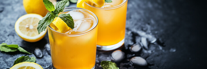 Refreshing lemon iced tea with ice cubes and mint leaves on a dark background