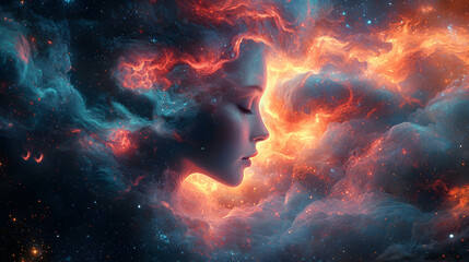Fototapeta premium Cosmic Nebula Woman Serene Face Profile